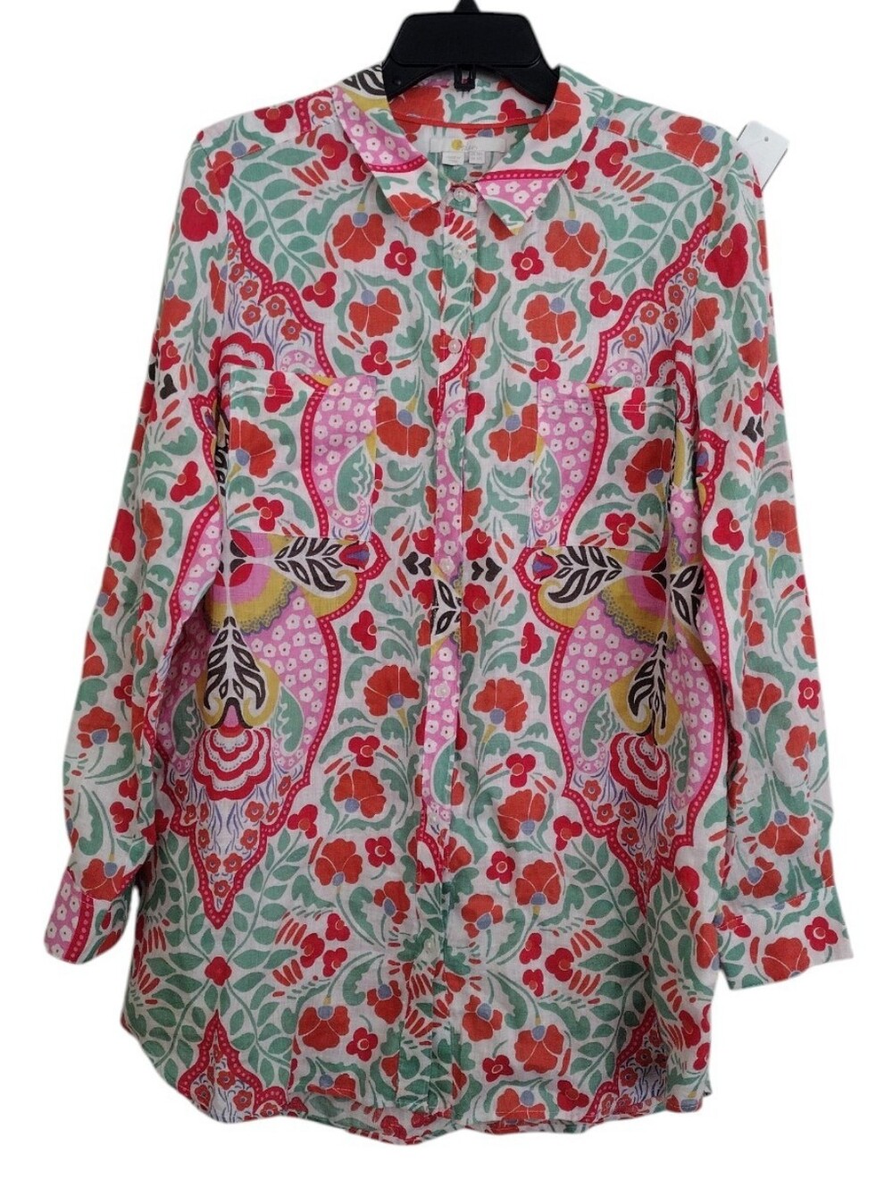 Boden Vibrant Floral Leaf Tropical Multicolor Button-Up Linen Blouse Size 12L